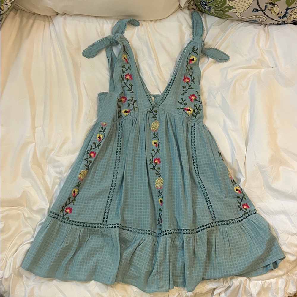 Urban Outfitters Embroidered Light Blue Tie-Shoulder Sundress
